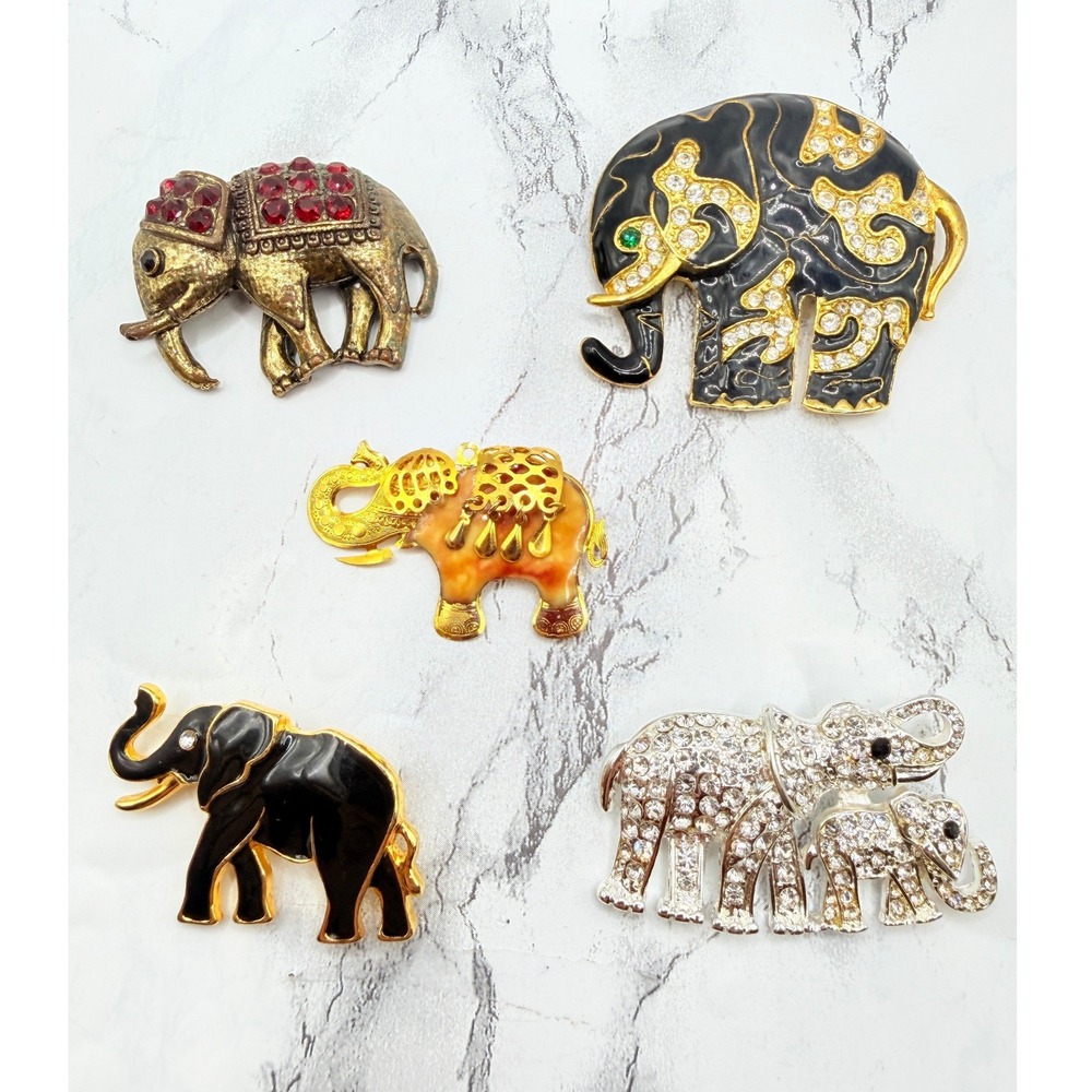 Lot of 5 Elephant Brooches Rhinestone Enamel Gold Silver Tone Figural Pins